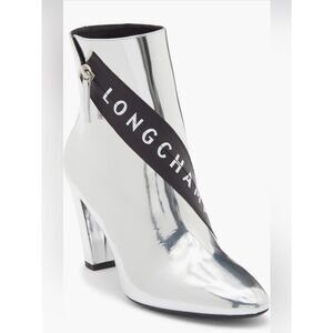 Longchamp Mirror Metallic Silver Logo Heeled Ankle Boot Designer 37